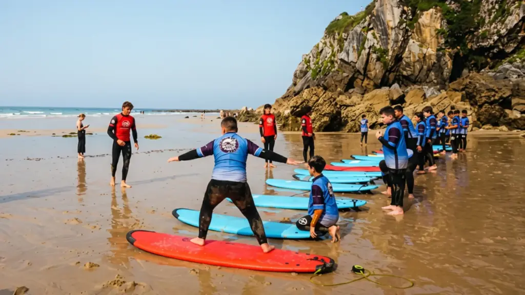 Viaje de fin de curso en Llanes para grupos escolares: clase de surf en la playa practicando el pop-up con monitores.