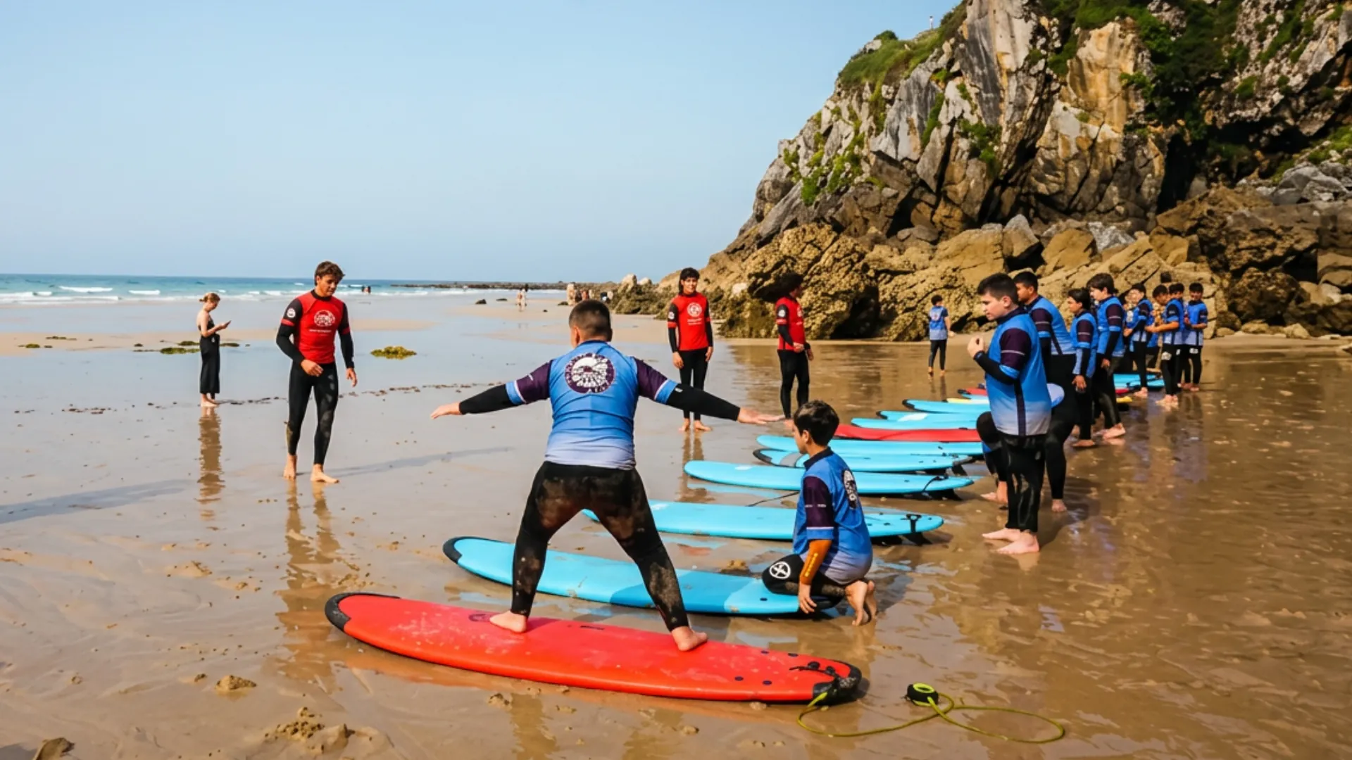 Viaje de fin de curso en Llanes para grupos escolares: clase de surf en la playa practicando el pop-up con monitores.
