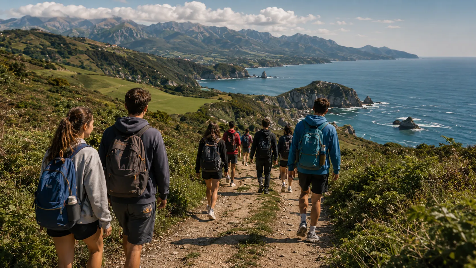 Viaje de fin de curso por el oriente de Asturias: grupos escolares haciendo senderismo por la senda costera de Llanes.